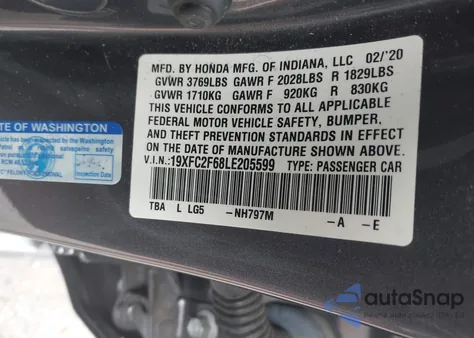 2020 Honda Civic Lx z USA, uszkodzony, nr VIN 19XFC2F68LE205599